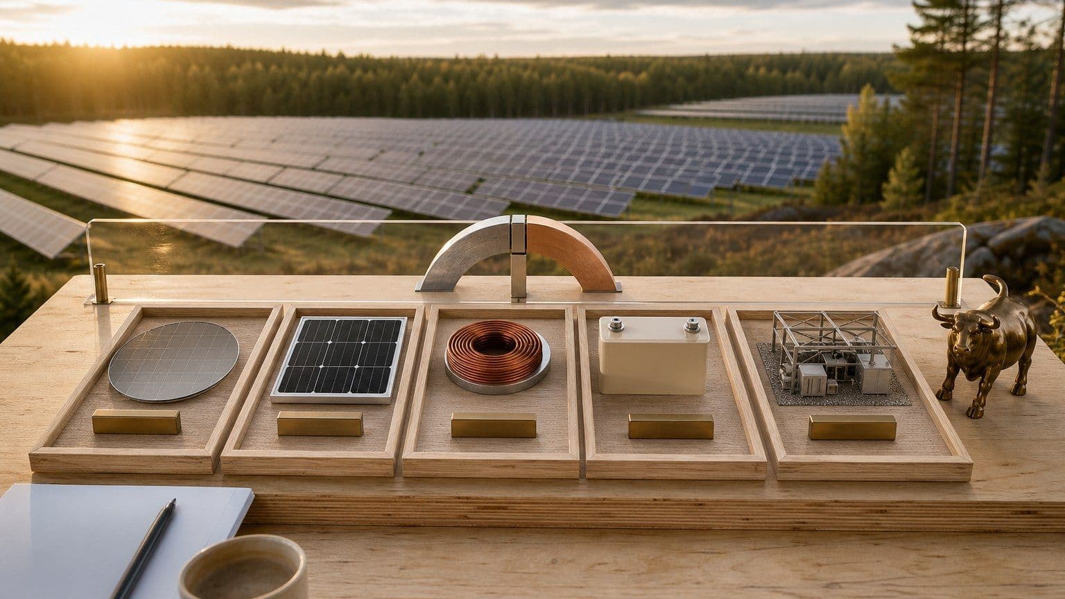 Viisi aurinkoenergia-alan sijoituskohdetta on aseteltu tutkimuspöydälle aurinkopuiston äärelle.