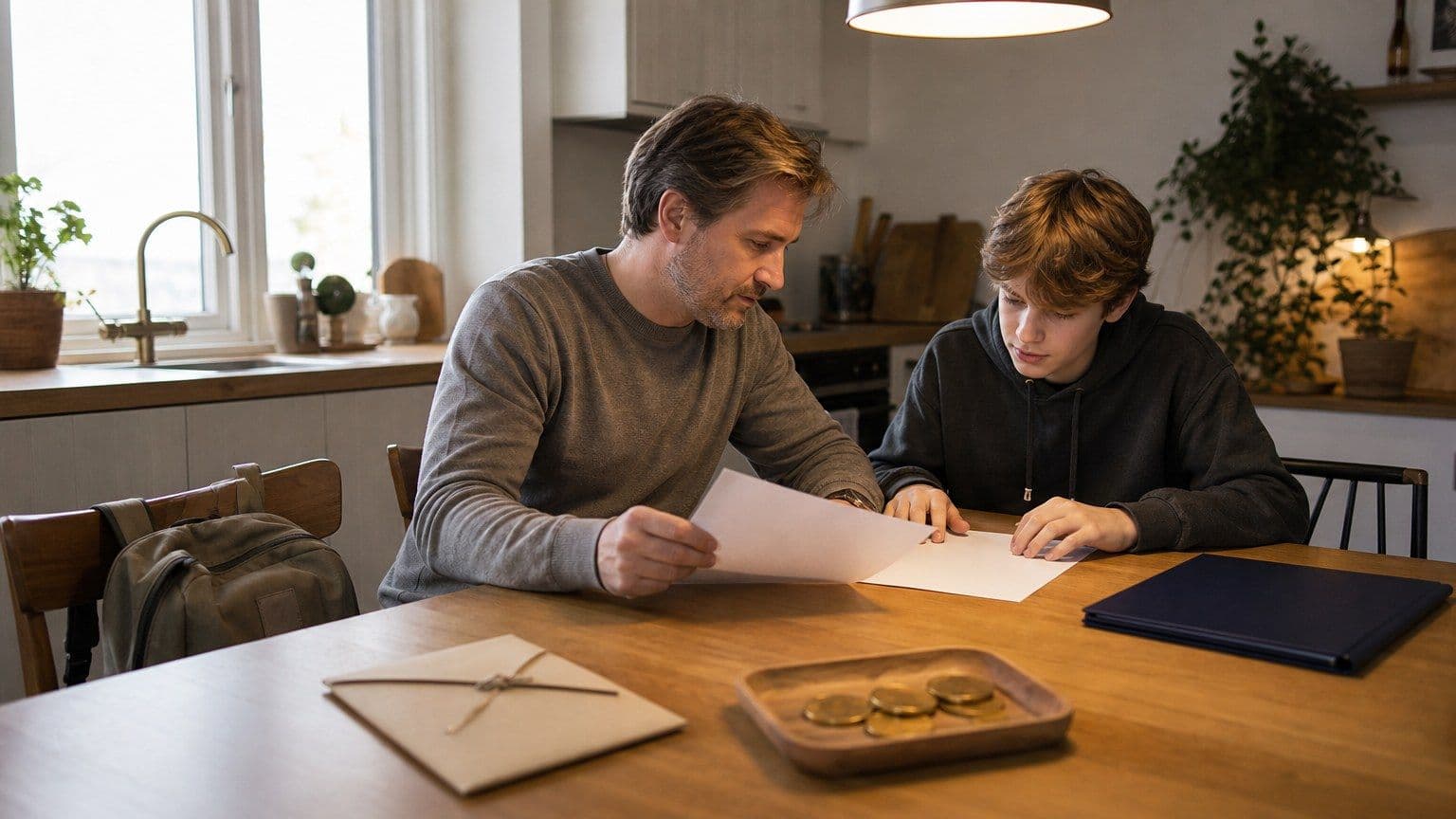 Huoltaja ja nuori tarkastelevat osakesäästötilin asiakirjoja keittiön pöydän ääressä.